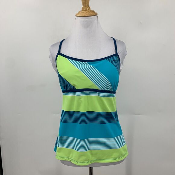 Nike Tankini Womens 10 Blue Green Striped Lightly Padded Moisture Wick UPF - Picture 2 of 11